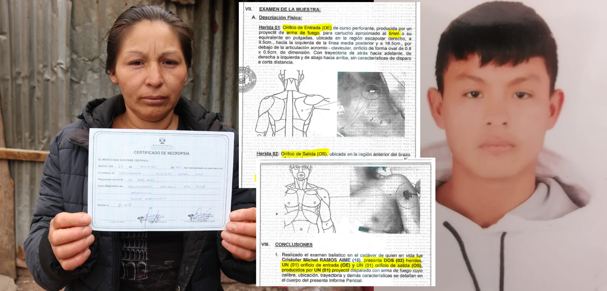 Hilaria Ayme, madre de Michael Ramos Ayme, el menor asesinado de 15 años. De acuerdo a los informes de necropsia, el menor recibió un impacto de bala de 5 milímetros que ingresó por la zona del omóplato derecho y salió debajo de la clavícula.